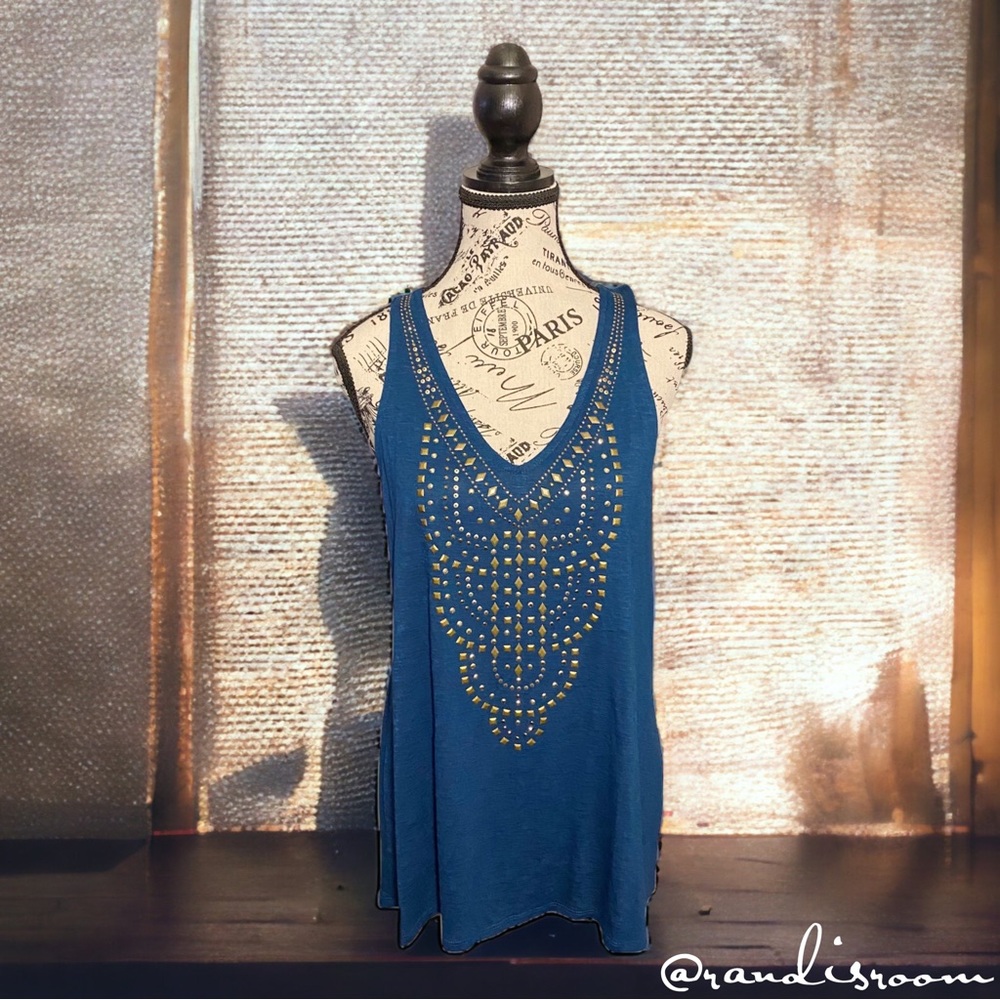 EUC Knox Rose Studded Sleeveless Teal Blue & Gold Tank Top Women’s Size Medium